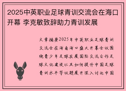 2025中英职业足球青训交流会在海口开幕 李克敏致辞助力青训发展 2025中英职业足球青训交流会在海口开幕 李克敏致辞助力青训发展