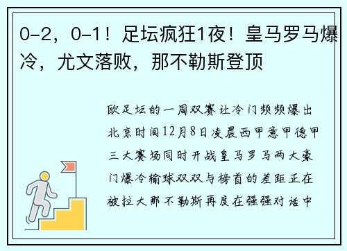 0-2，0-1！足坛疯狂1夜！皇马罗马爆冷，尤文落败，那不勒斯登顶